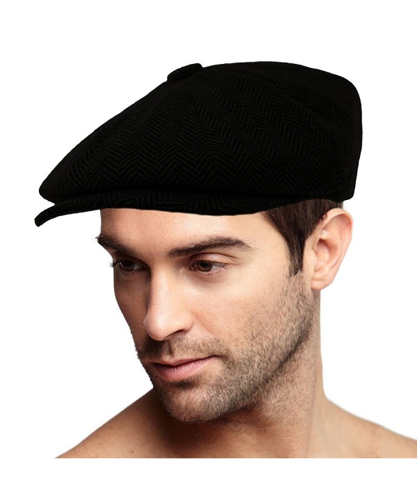 Men's 100% Winter Wool Herringbone Snap Newsboy Drivers Cabbie Cap Hat - Black - C31867EUR2S