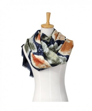 Lo Shokim Women's Fashion Floral Print Oblong Scarf With Fringe - Navy Blue - C9186300UZG