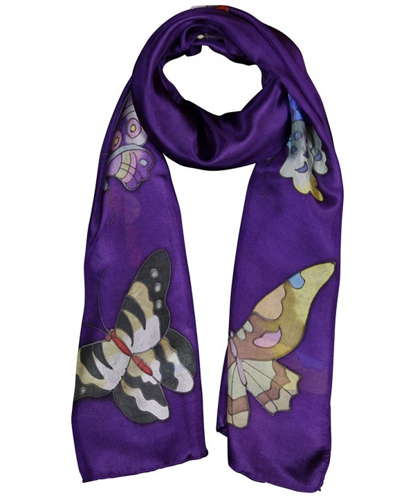Invisible World Women's 100% Silk Hand Painted Scarf Butterfly - Purple - C111L7QRMJ5
