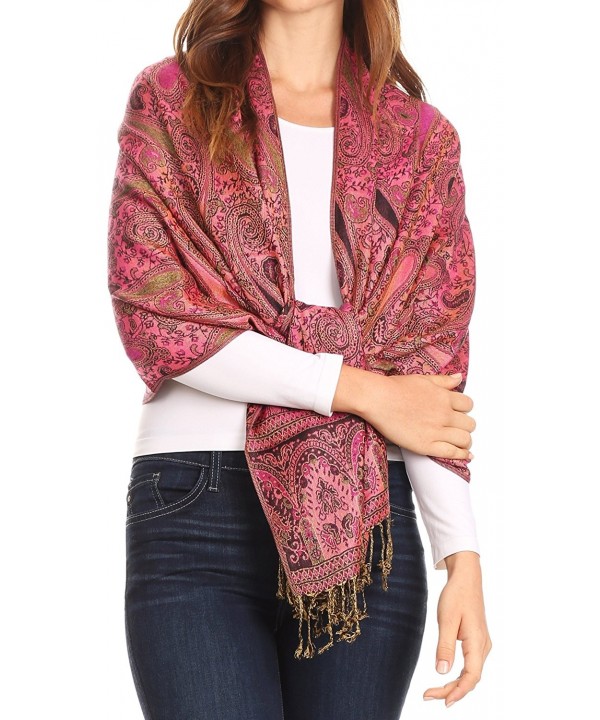 Sakkas Kalin Long Wide Woven Patterned Fringe Tassel Pashmina Shawl / Scarf - Pink / Black - C71822UTDZD