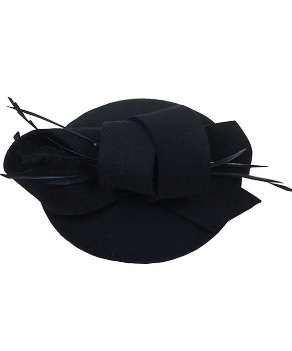 Australian Wool Beret Cap Women Winter Pillbox Fedora Hat Cocktail Feather Headwear - Black - CU186AZ2G4G