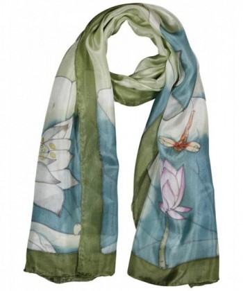 Invisible World Women's 100% Silk Hand Painted Scarf Dragonfly and Lotus - CC11L7QINJX
