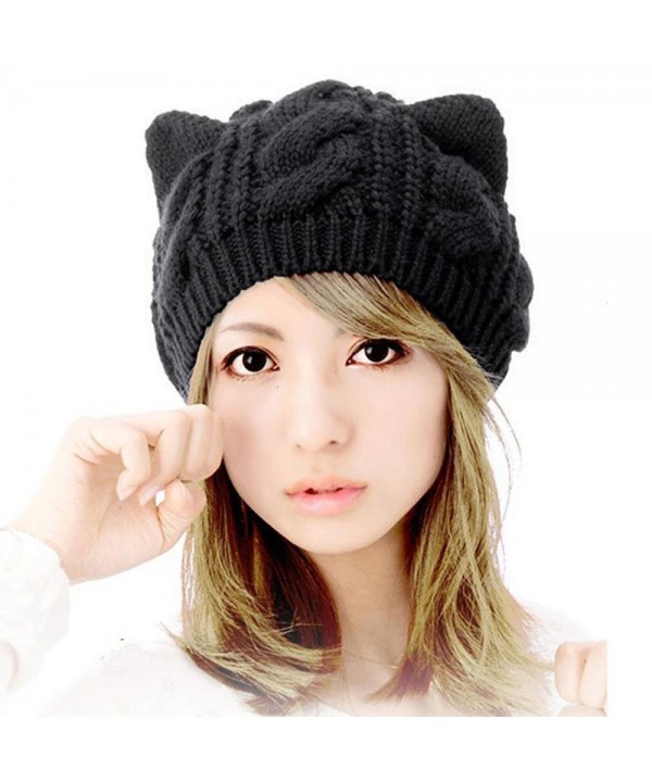 Women Hat - Knit Faux Fur Beanie Cat Ears Hat Caps for Women - C2188YG4E4U