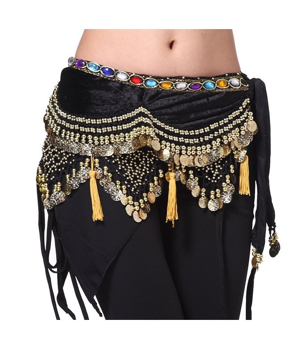 ZLTdream Women's Belly Dance Wave Shape Colorful Diamond Hip Scarf With Coins - Black - C811L0F7EE1