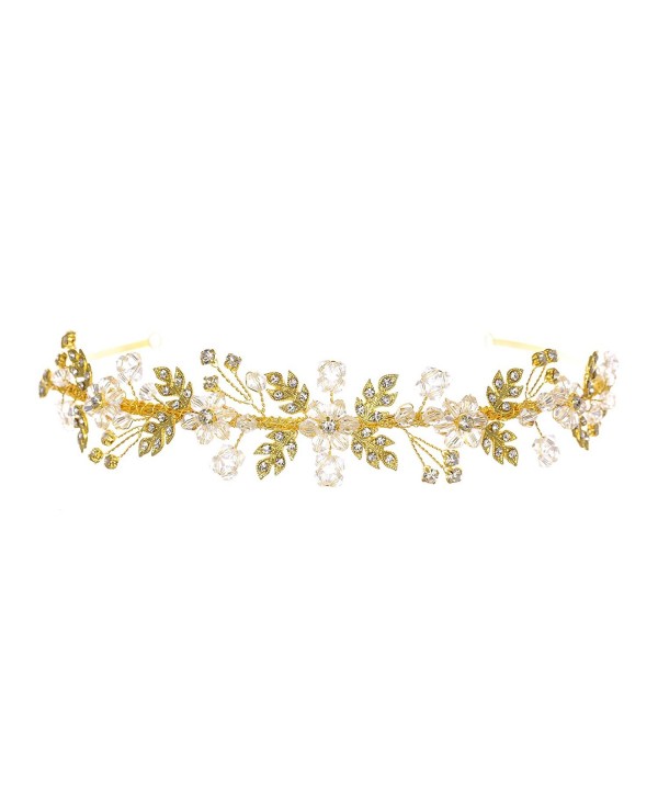 Handmade Flower Leaf Crystal Headband Bridal Wedding Tiara - Gold Plated T1174 - CP127QDLBKD