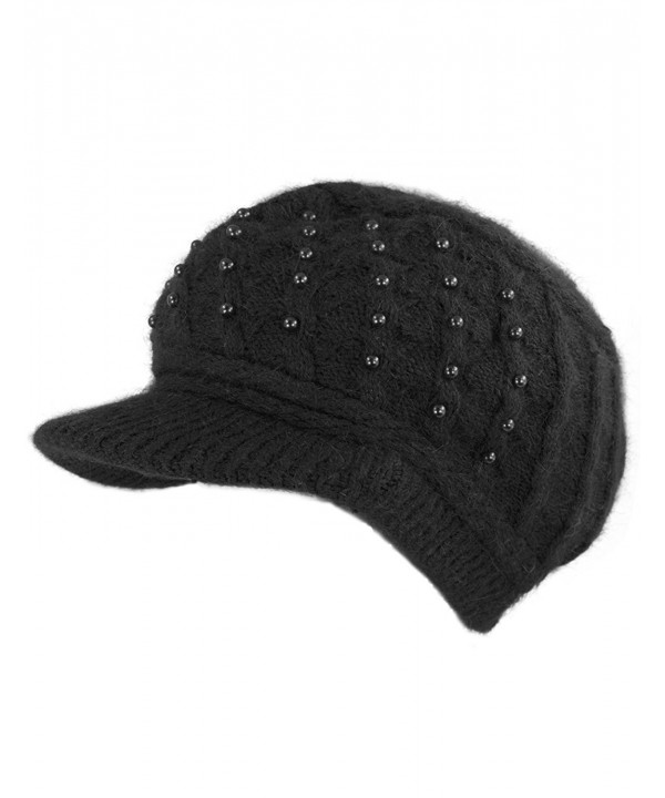 Dahlia Women's Angora Newsboy Cap Hat - Faux Pearl Accent - Dual Layer - Black - CR11Q68MO4H