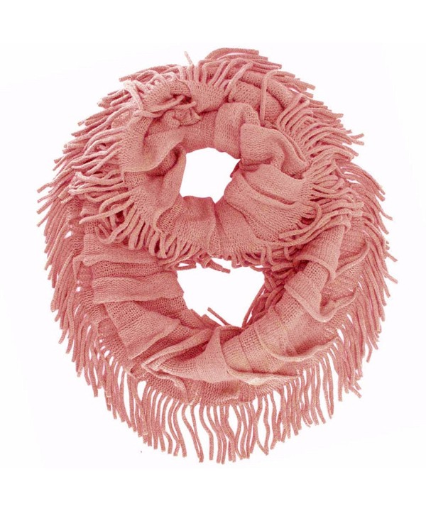 Soft Knit Ruffle Loop Scarf With Fringe - Pink - C811HYQ4SDF