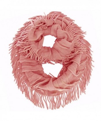Soft Knit Ruffle Loop Scarf With Fringe - Pink - C811HYQ4SDF