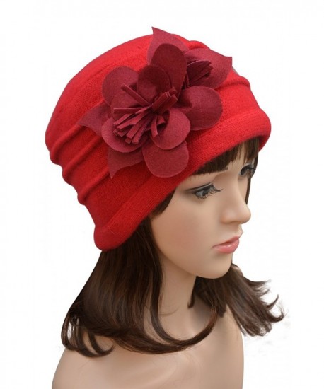 Lawliet Felt Flower Trimmed Womens Warmer Wool Beanie Cap Dress Crochet Hat A123 - Red - CQ11N013JGP