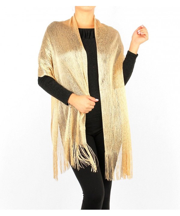 Women's Two Tone Modern Metallic Fishnet Acrylic Party Shawl Fringe Lurex Scarf - Gold/Gold - CU121DFQNOJ