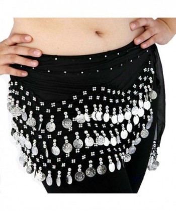 Black Belly Dancing Hip Scarf with Silver Coins - C1115BZK23B