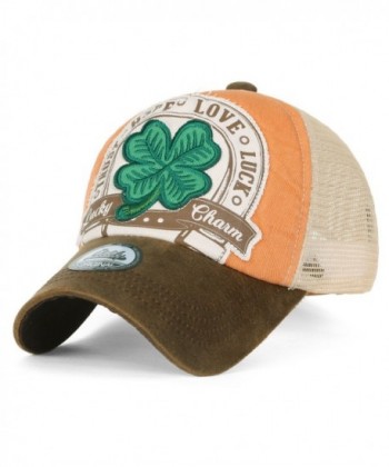 ililily Four Leaf Clover Patch Faux Leather Brim Trucker Hat Baseball Cap - Beige - CL12N5PTWLT