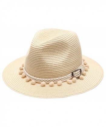 MIRMARU Women's Summer Panama Style Mid Brim Beach Sun Straw Hat With Pom Pom Belt Band. - Beige - C417YI7UQWQ