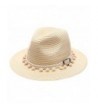 MIRMARU Women's Summer Panama Style Mid Brim Beach Sun Straw Hat With Pom Pom Belt Band. - Beige - C417YI7UQWQ