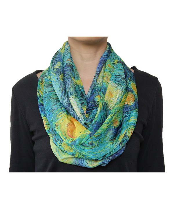 Fabulous Starry Night Van Gogh Yellow Star Moon Print Chiffon Infinity Scarf Blue - CV128B1N1CZ