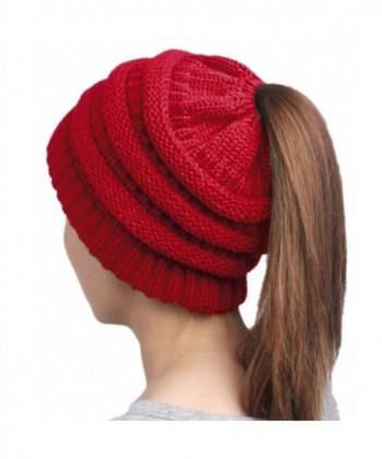 HonYea Knit Hat Warm Beanie Hat With Ponytail Hole For Women - Wine Red - CG188U25L3N