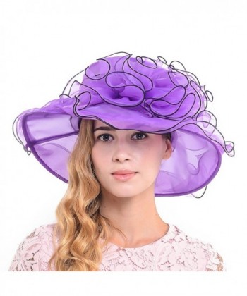 Fanny S037-pp Elegant Ladies Church Wedding Dress Derby Hat Floral Feather Wide Brim Organza Hat - S019-purple - CE12EG5KJB1