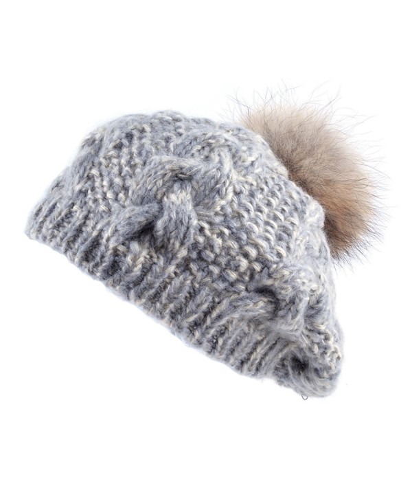 Women warm Knitting Cuffed Fluffy Pom Pom Beret Beanie - Grey - CQ12O7EB69W