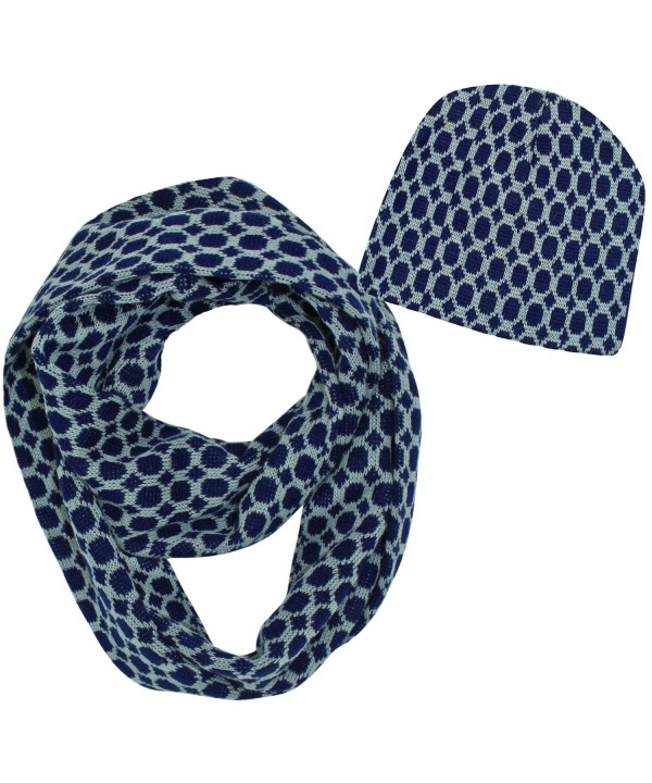 Pattern Infinity Scarf & Beanie Hat Matching Set - Navy Blue - CI11PYYEWS5