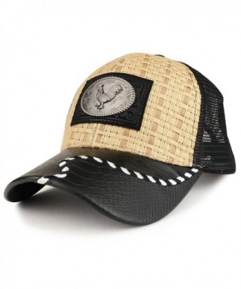 Trendy Apparel Shop Straw Design Metallic Rooster Logo Trucker Mesh Adjustable Baseball Cap - Tan Black - CK12OCXPCR1