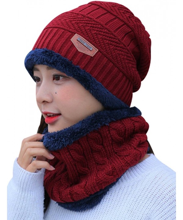 Zoulee Women's and Men's Winter Velvet Thick Knitted Cap With Bib Outdoor Warm Two-piece Suit - Women's Red - CW189K3RHRN