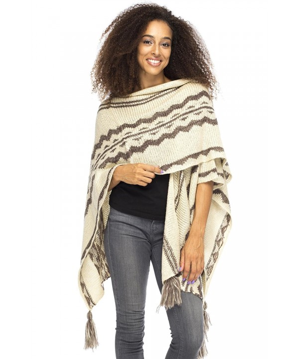 Back From Bali Womens Knit Ruana Blanket Scarf Wrap Shawl Poncho Boho Tribal Print - Cream Taupe - CS182YD4SYL