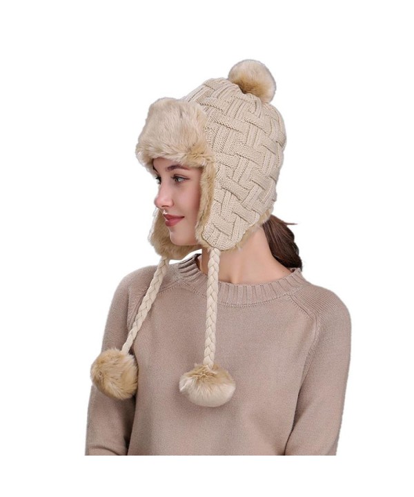 Lisin Warm Women Winter Hat with Ear Flaps Snow Ski Thick Knit Wool Beanie Cap Hat - Beige 5 - CI1880Q94HW