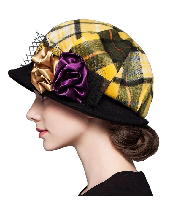 Maitose Women's Scottish Plaid Wool Peaked Cap Beret - Yellow - CN12MCIC9WL