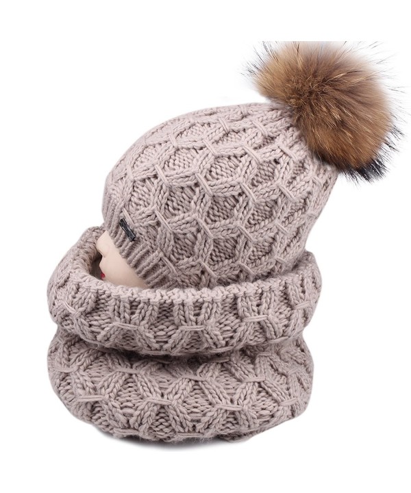 Womens Winter Hat and Scarf Set for Girls Knitted Beanie Hat Pom Pom Hats Infinity Scarf - Khaki Raccoon Pom - CV187ALT43Q