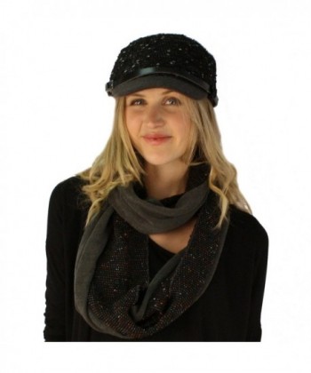 Ladies 2pc Winter Woven Knit Cadet GI Hat Loop Infinity Scarf Matching Set - Black - C711P3EUR0N