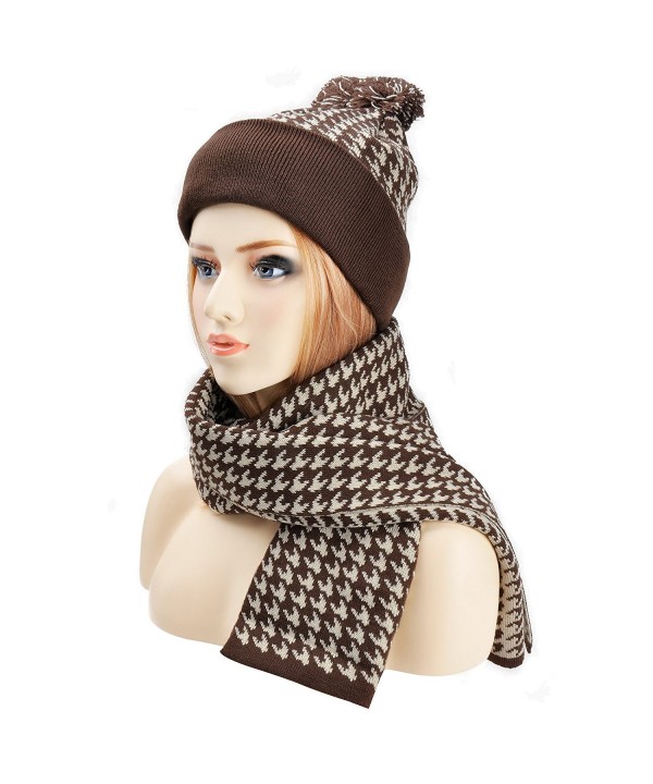 ZLYC Womens Teens Winter Warm Pompom Beanie Hat Skull Cap and Scarf Set - Brown - C912MNQV9Y1