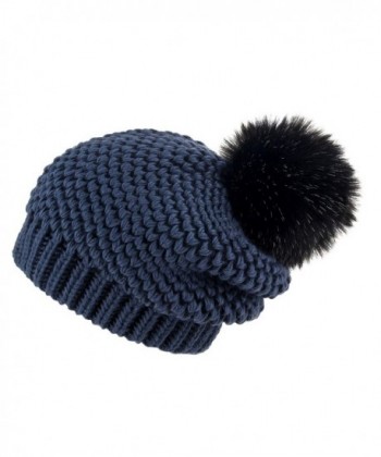 Futrzane Women's Winter Slouchy Oversize Beanie Pom Pom Knit Hat - Navy Blue - Mole - CI1887K6LOC