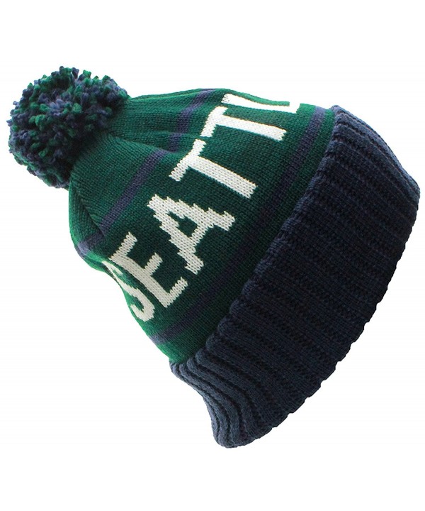 American Cities USA Favorite City Cuff Cable Knit Winter Pom Pom Beanie Hat Cap - Seattle - Green Blue - CF11Q2V6I5T