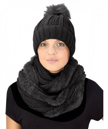 Peach Couture Thick Cable Knit Faux Fur Plush Double Layer Hat Infinity Scarf Set - Black 98 - C418844AZ9X