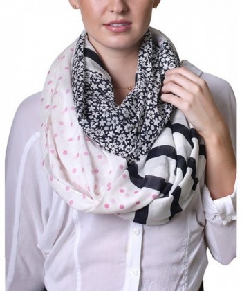 Anika Dali Polka Dots Floral Stripe Mix Print Infinity Loop Scarf (Pink & Navy Blue) - C411LLXMT79