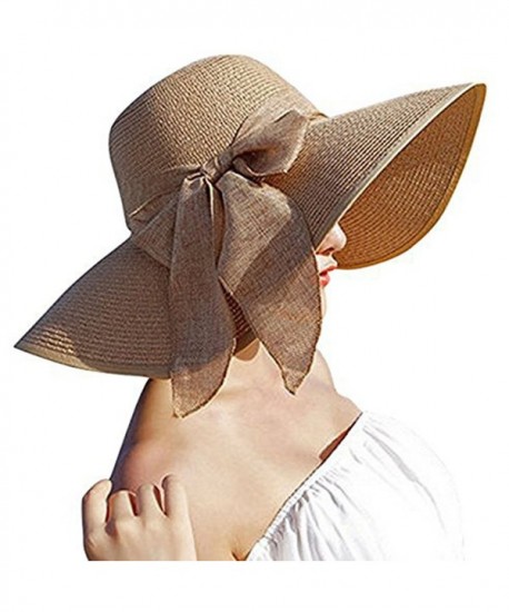 DRESHOW Womens Big Bowknot Straw Hat Floppy Foldable Roll up Beach Cap Sun Hat UPF 50+ - Khaki - C717Z6X3WSI