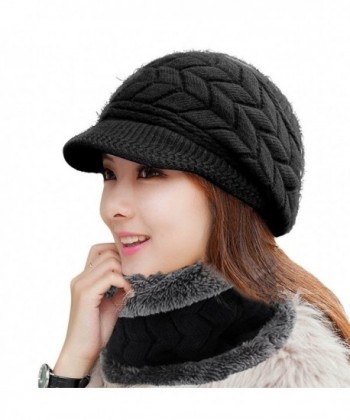 HINDAWI Women Winter Warm Knit Hat Wool Snow Ski Caps With Visor - _Hat + Scarf (Black) - CJ189ISQ58O