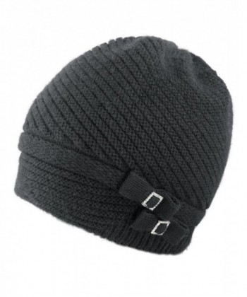 Dahlia Women's Angora Beanie Hat Rhinestone Square Double Bow Dual Layer - Black - CK128CZJFWF