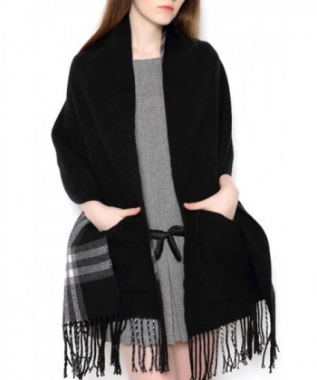 UTOVME Unisex Reversible Long Scarf Check Shawl Cashmere Feel Stole with Pocket - Black - CX12J0KY94F