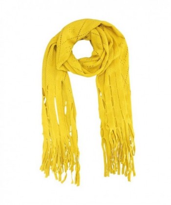 Long Fringy Diamond Pattern Knit Scarf - Mustard - CM11FU6EAIN