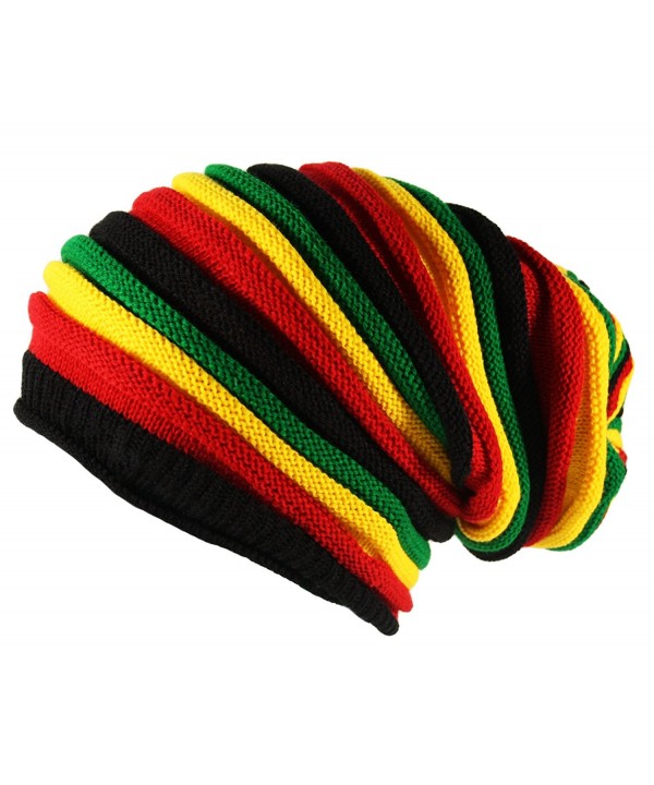 ITZU Black Oversized Rasta Slouch Beanie Cap Hat in Red Yellow Green Striped - CZ11IWFKI8V