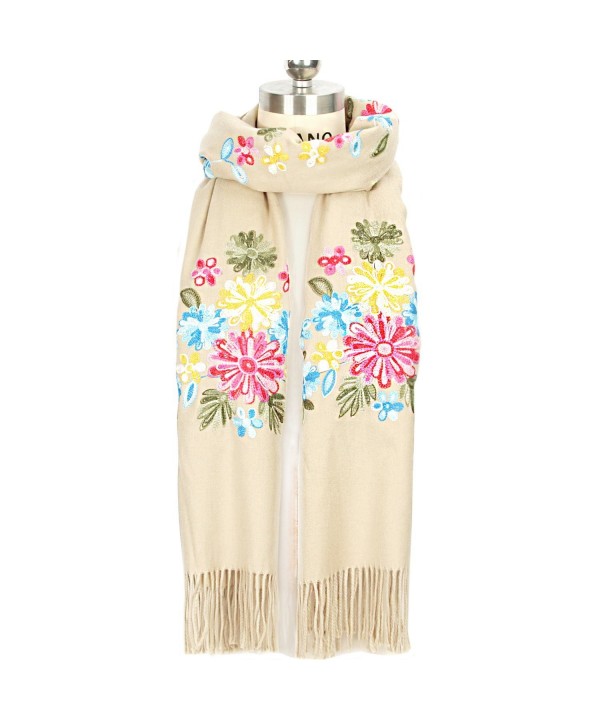 LOUISE&FIONA Women Scarves Floral Embroidery Tassels Cashmere Feel Scarf Wrap Shawl - Beige - CA187EU20OY