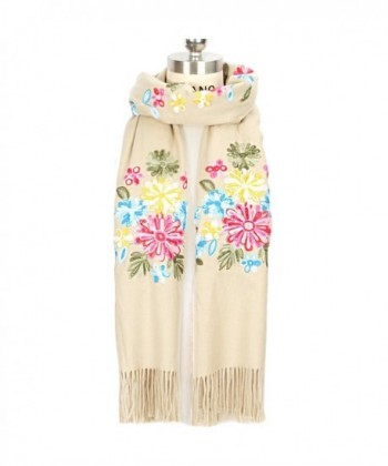 LOUISE&FIONA Women Scarves Floral Embroidery Tassels Cashmere Feel Scarf Wrap Shawl - Beige - CA187EU20OY