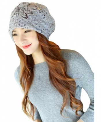 Qunson Womens Lace Flower Beanie Hat Cap Turban - Grey - C5126JIJ78T