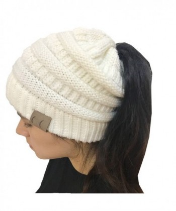 Gagget Women's Winter Knit Cup CC Beanie Tail Ponytail Winter Warm Stretch High Bun Knit Hat - White - CK187NKLGRN