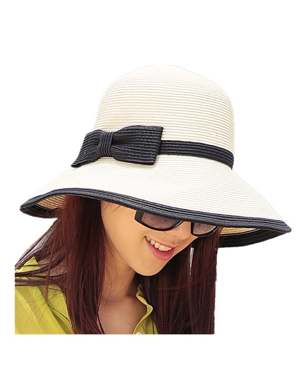 Home Prefer Womens Straw Sun Hat UPF50+ Wide Brim Floppy Hat Summer Beach Cap - Ivory+black - C512DDWYR8J