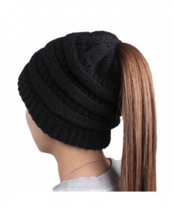 KARRESLY Beanie Tail Womens Knit Messy High Bun Ponytail Beanie Solid Ribbed Hat Cap - Black - C11885GLCHZ