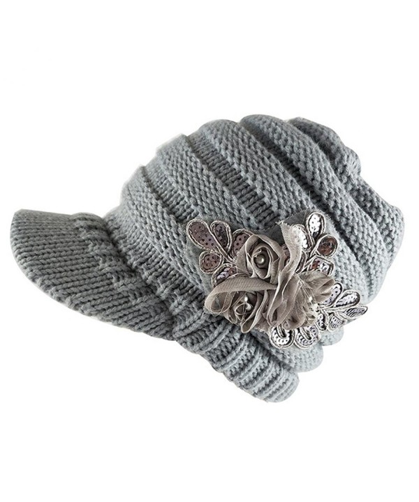 Colorido Women Winter Fashion Woolen Yarn Plain Weave Knitting Sequins Flower Visor Hat - Grey - CC188QUHLUI