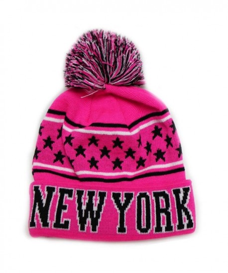 City Hunter Sk990 New York Stars Pom Beanie Knit Hats (13 Colors) - Neon pink/black - CR11OC7369V