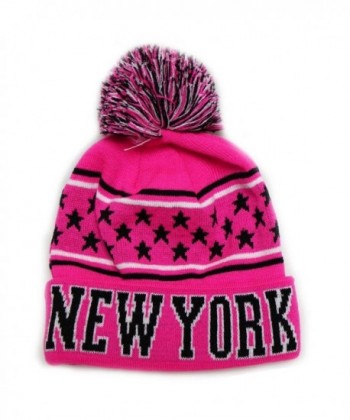 City Hunter Sk990 New York Stars Pom Beanie Knit Hats (13 Colors) - Neon pink/black - CR11OC7369V